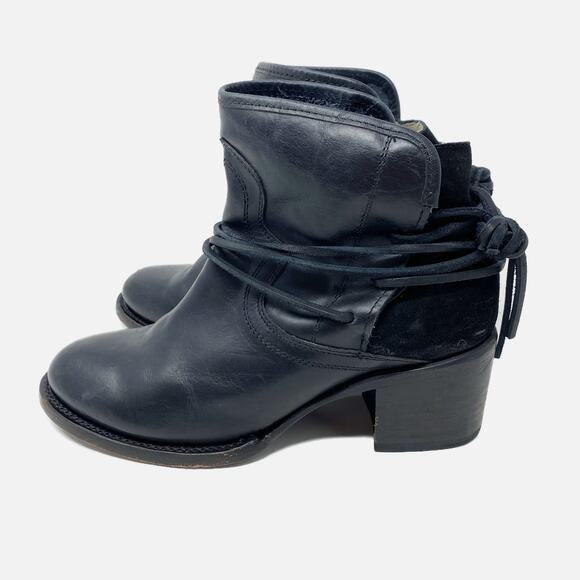 Freebird Black Leather & Suede Casey Ankle Booties Sz 6 Ankle Tie Made in Mexico - Picture 3 of 9
